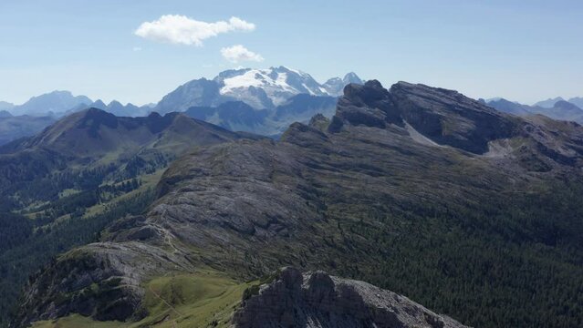 Mountain ridge in Dolomites, Marmolada mountain aerial landscape