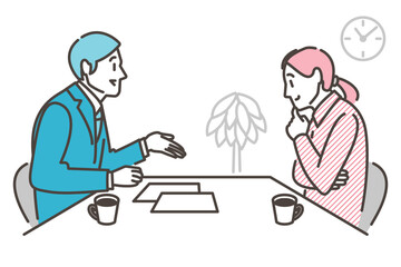 Male businessperson explaining, guiding, or introducing something to a young woman [Vector illustration].