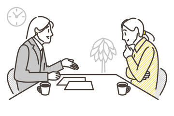 Female businessperson explaining, guiding, or introducing something to a young woman [Vector illustration].