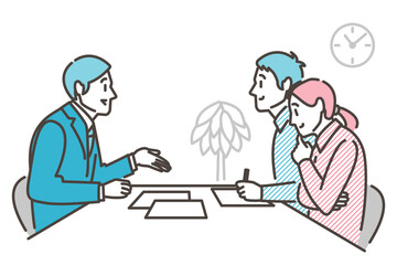Male businessperson explaining, guiding, or introducing something to a young couple [Vector illustration