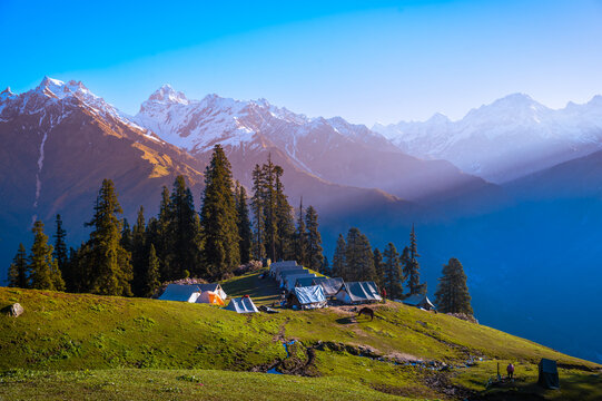 Mountain landscape in the Himalayas. Top view of the camping site in Himalayan mountains, Kasol, Parvati valley, Himachal Pradesh, northern India.	