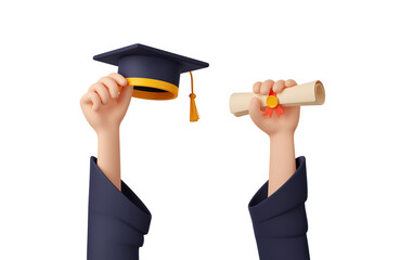 3D illustration of student hands holding graduation cap and diploma scroll up isolated on white background. Celebrating school, university, college degree. Symbol of education and successful future