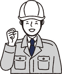 ヘルメット作業着姿の男性_ガッツポーズ