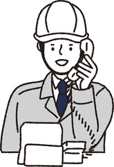 ヘルメット作業着姿の男性_電話