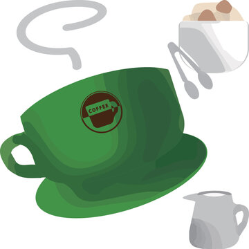 深緑のロゴ入りカップに淹れたコーヒーと砂糖とミルク