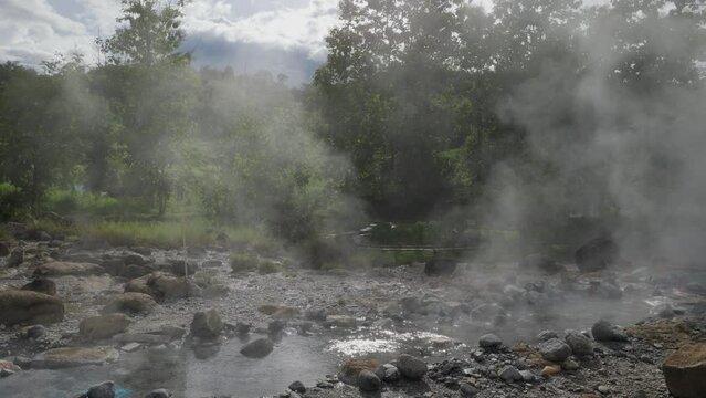 Steam over stones in a thermal hydrogen sulfide source