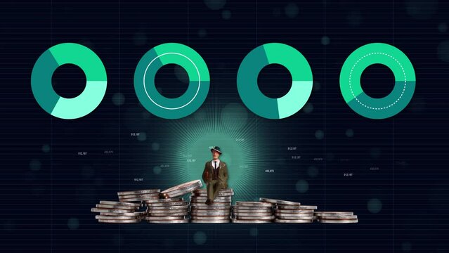 Miniature people sitting on a pile of coins with circular graphs. Graphs and business concepts.
