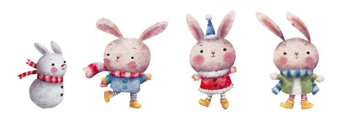 Naklejka premium Set of cute rabbits and snowman in Christmas costume clipart watercolor isolated illustration, new year party in winter with animal and snowman hand drawn sticker for card and printing.