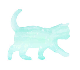 Watercolor pastel cat with splatter silhouette painting clipart