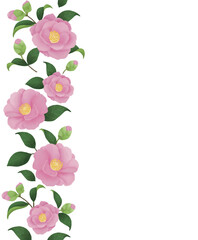 シンプルな桃色の花のライン枠 冬の花山茶花 椿のイラスト A