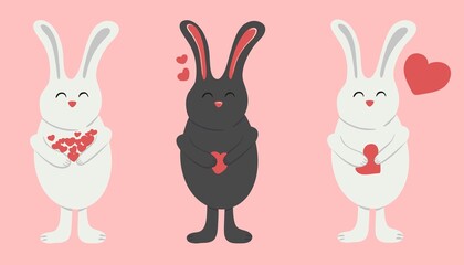 Black cute bunny.Cute bunnies.New year symbol.Rabbit 2023.Black and white cute bunnies.Funny animals.Set with bunnies.Love and bunnies.