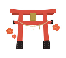 しめ縄のかかった赤い鳥居と梅の花