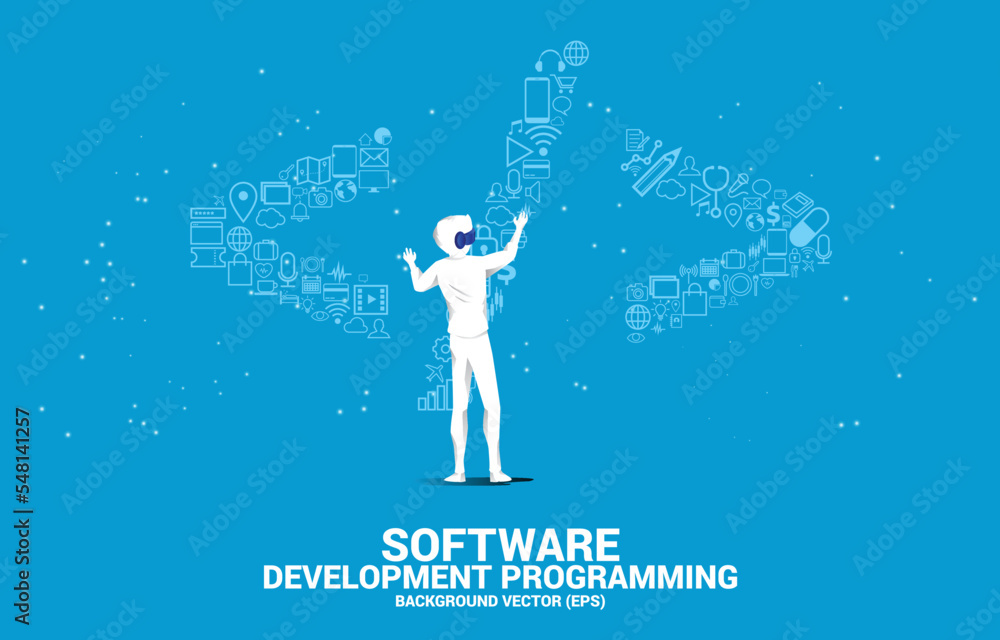 Aufkleber Silhouette man wear VR glasses and software development programming tag with functional utility icon. Concept for Programming language technology and coding.