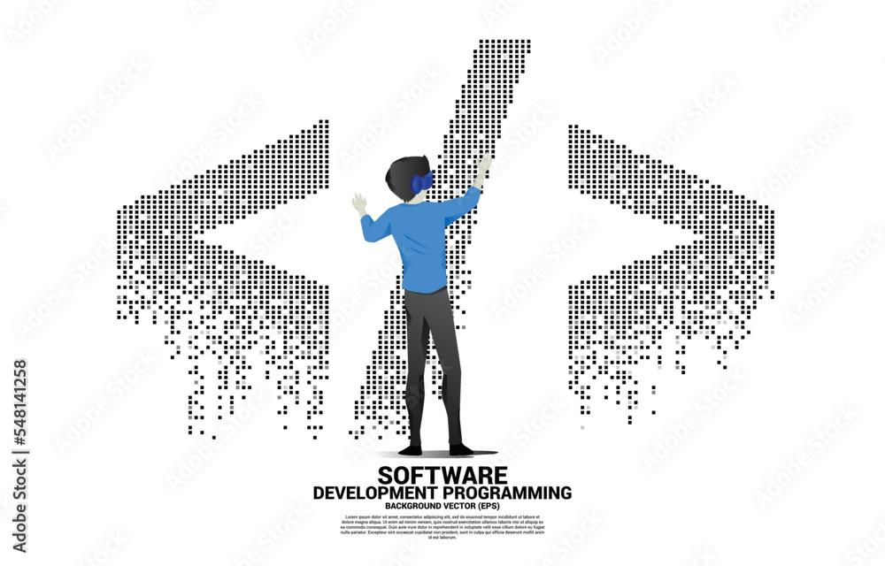 Poster Silhouette man wear VR glasses and software development programming tag with pixel style. Concept of digital virtual reality technology and AR .