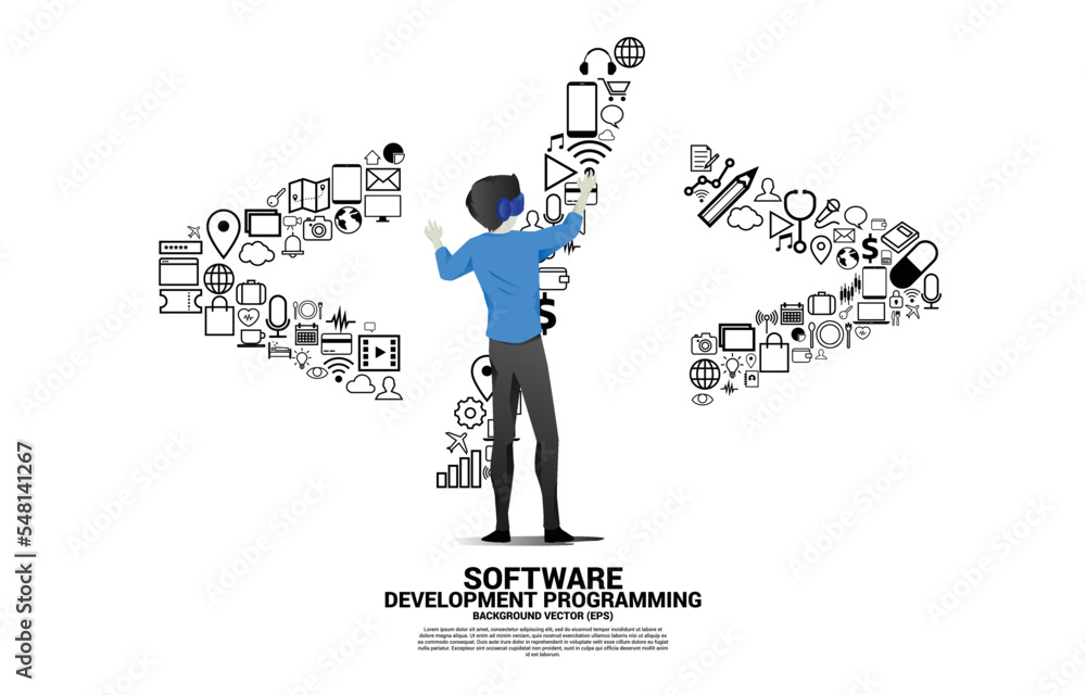 Leinwandbilder Silhouette man wear VR glasses and software development programming tag with functional utility icon. Concept for Programming language technology and coding.