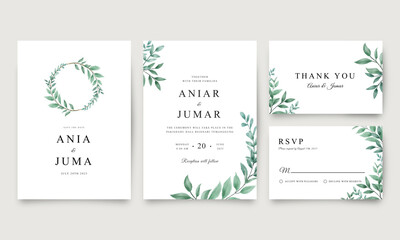 Fototapeta na wymiar Set of minimalist wedding invitations with green foliage watercolor