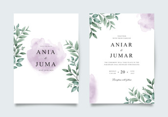 Fototapeta na wymiar Wedding invitation set with green leaves and purple splash