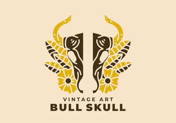 Vintage art illustration of a bull skull and flowers round it