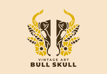 Vintage art illustration of a bull skull and flowers round it