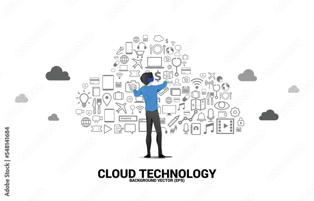 Fototapete Silhouette man wear VR glasses and Cloud computing network technology shaped with utility functional icon.Concept of cloud server, Storage and data