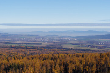 View of the city of Poprad from the mountains in autumn.