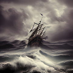 A ship in a storm at Wild Ocean, Illustration of a Abstract Sail Surviving in Ocean