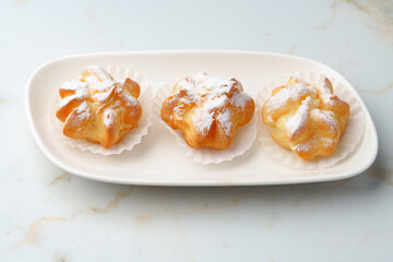 Homemade profiteroles with powdered sugar on white plate