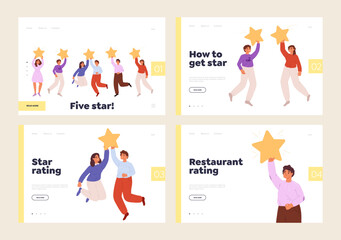 Rating review and satisfaction survey landing pages set with people hold ranking stars for feedback