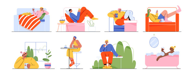 Set of people drink and relax at home, bar and outdoors. Lazy male and female characters lying on coach, bath tub sitting at table and street bench with coffee or tea, Linear flat vector illustration