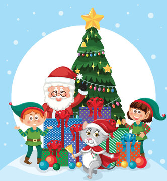 Christmas tree with elves cartoon character