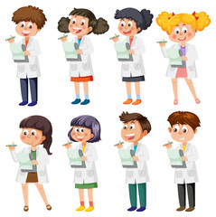 Set of different kids in scientist outfits