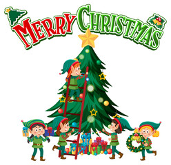 Merry Christmas text with elves and Christmas tree
