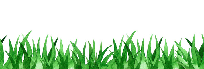 watercolor drawing. seamless border with green grass. cute meadow illustration