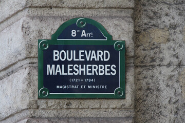 Boulevard Malesherbes street sign , one of the most famous boulevards in Paris, France.