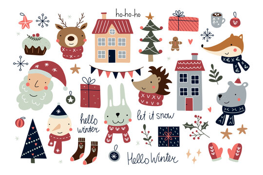 Christmas set with cartoon New Year characters. Collection of Christmas elements for greeting cards design. Forest animals, mottos, winter holiday items. Vector