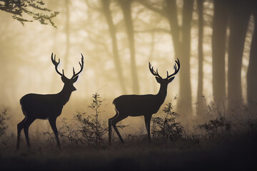 A group of deer are near the edge of a wild forest in the morning light. They are a rare sight, as the deer with beautiful antlers stand out as a dark silhouette.