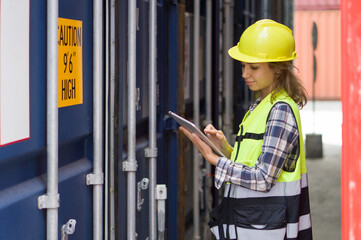 Fototapeta na wymiar Young caucasian woman with safety vest and yellow hardhat checking shipping schedule on tablet computer, planning for next shipment. There are container in the work area.