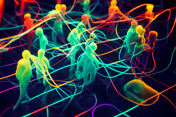 People connect to each other via digital avatars in a metaverse where information circulates freely. Humanity is increasingly connected and globalized.