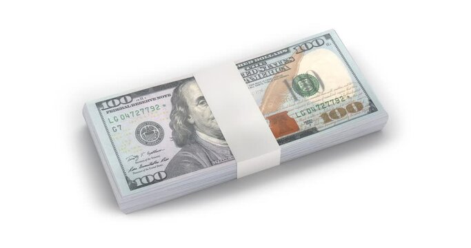 Camera moving towards $100 dollar  bundle. New design US Dollar bills bundles stack on white background. Money Pile of hundred dollar bills. 3D render illustration in 4k resolution animation.