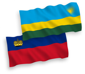 National vector fabric wave flags of Republic of Rwanda and Liechtenstein isolated on white background. 1 to 2 proportion.