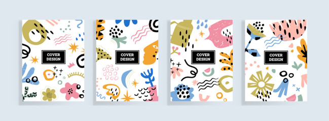 Cutout contemporary posters with flower and shapes. Folk floral style book or leaflet cover or flyer design collection with leaves and botanical elements. Botanical spring themed background Vector set