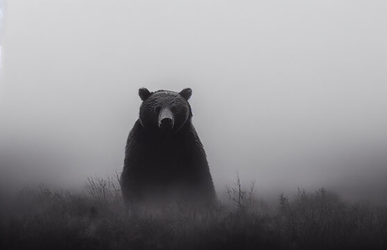 A majestic brown or grizzly bear can be spotted in the misty mountains and forests as the darkness begins to take hold.