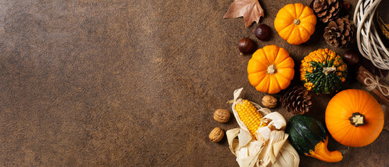 Autumn fall thanksgiving day composition with decorative pumpkins, banner