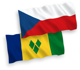 National vector fabric wave flags of Czech Republic and Saint Vincent and the Grenadines isolated on white background. 1 to 2 proportion.