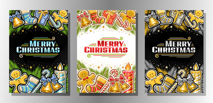 Vector flyer set for Christmas, vertical templates with illustrations of golden bells with bow, branches of christmas tree, decorative stars, gingerbread cookie, burning candle, words merry christmas