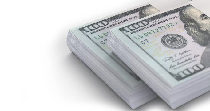 Two $100 dollar paper currency on top of each. New design US Dollar bills bundles stack on white background. Money Pile of hundred dollar bills. 3D render illustration in 4k resolution animation.