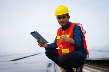 Asian Engineer standing on solar construction posting confident , Engineer construction happy job success with in target planning