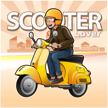 vector illustration, yellow scooter rider with multi-storey building atmosphere background.