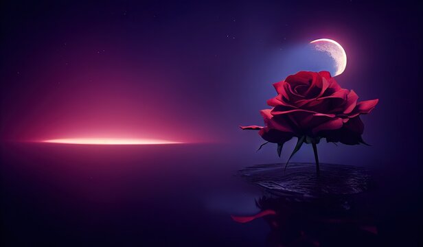Rose flower night sky and moon light dramatic Generative AI