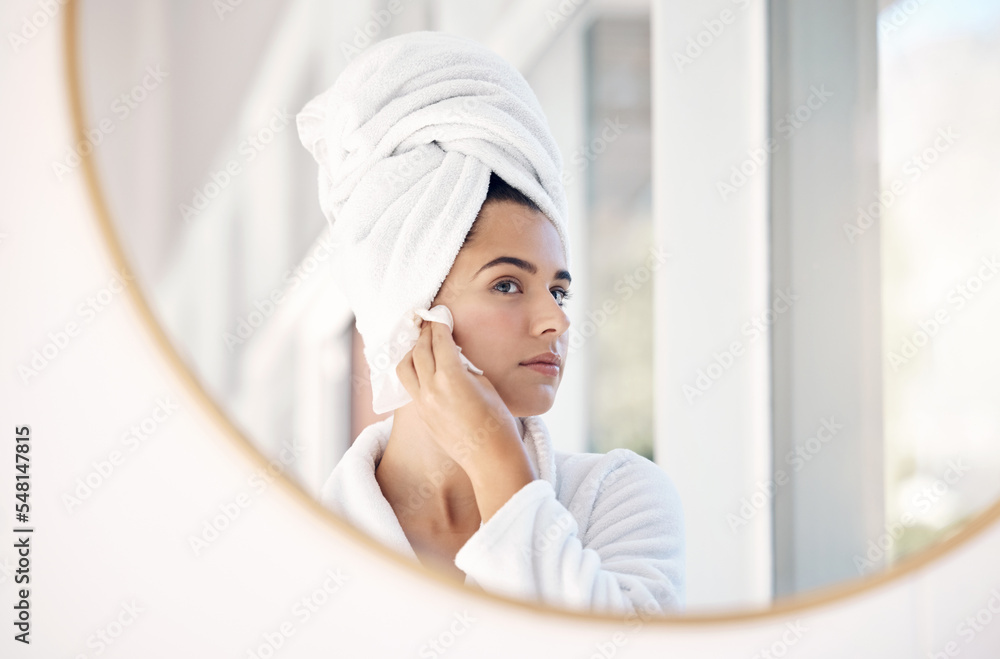 Sticker mirror, skincare woman in bathroom for cleaning, facial and skin product or cotton in her home with 